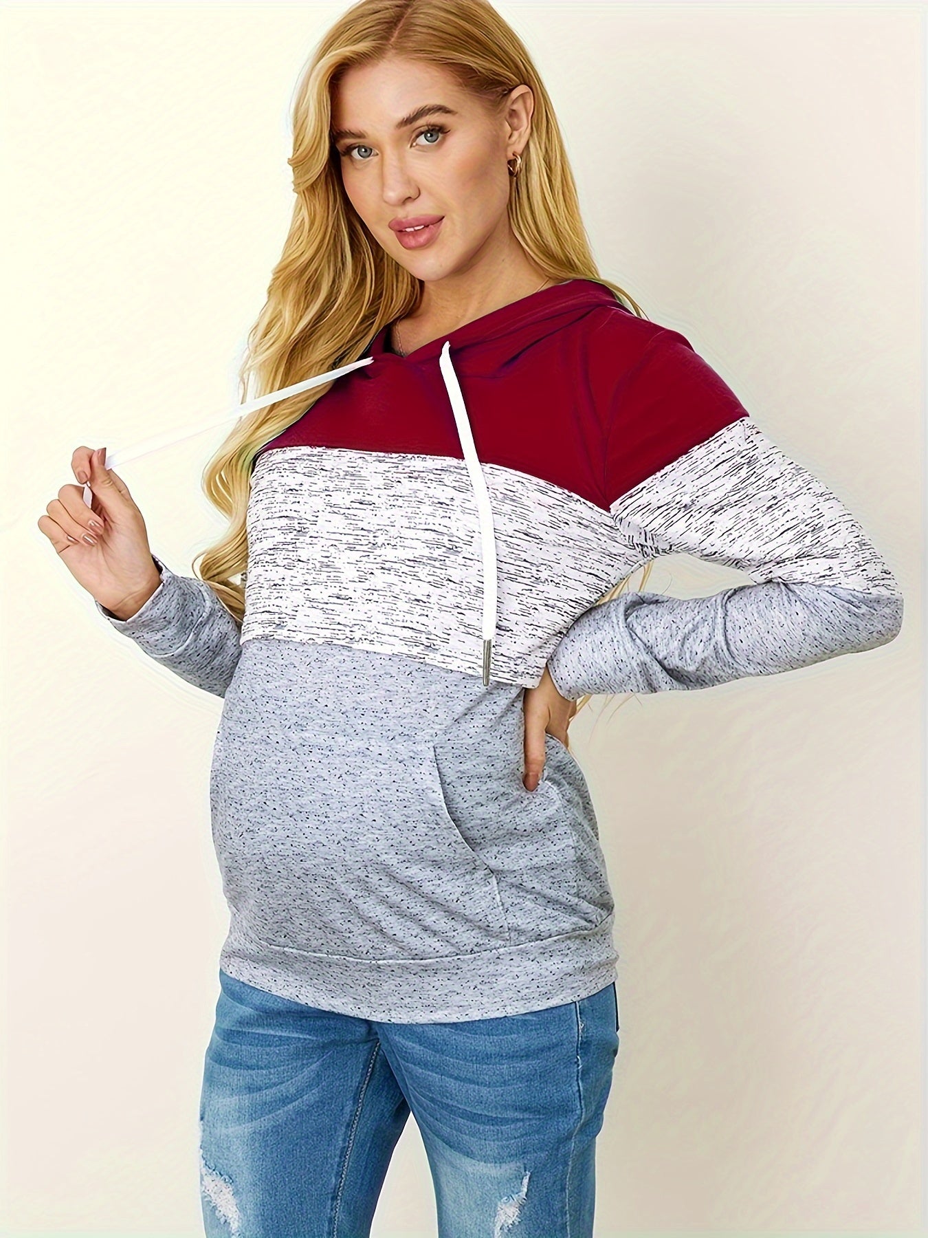 Women's Maternity Contrast Color Hooded Sweatshirt For Fall Winter, Fashion Casual Patchwork Breast Feeding Hoodies, Pregnant Women's Clothing