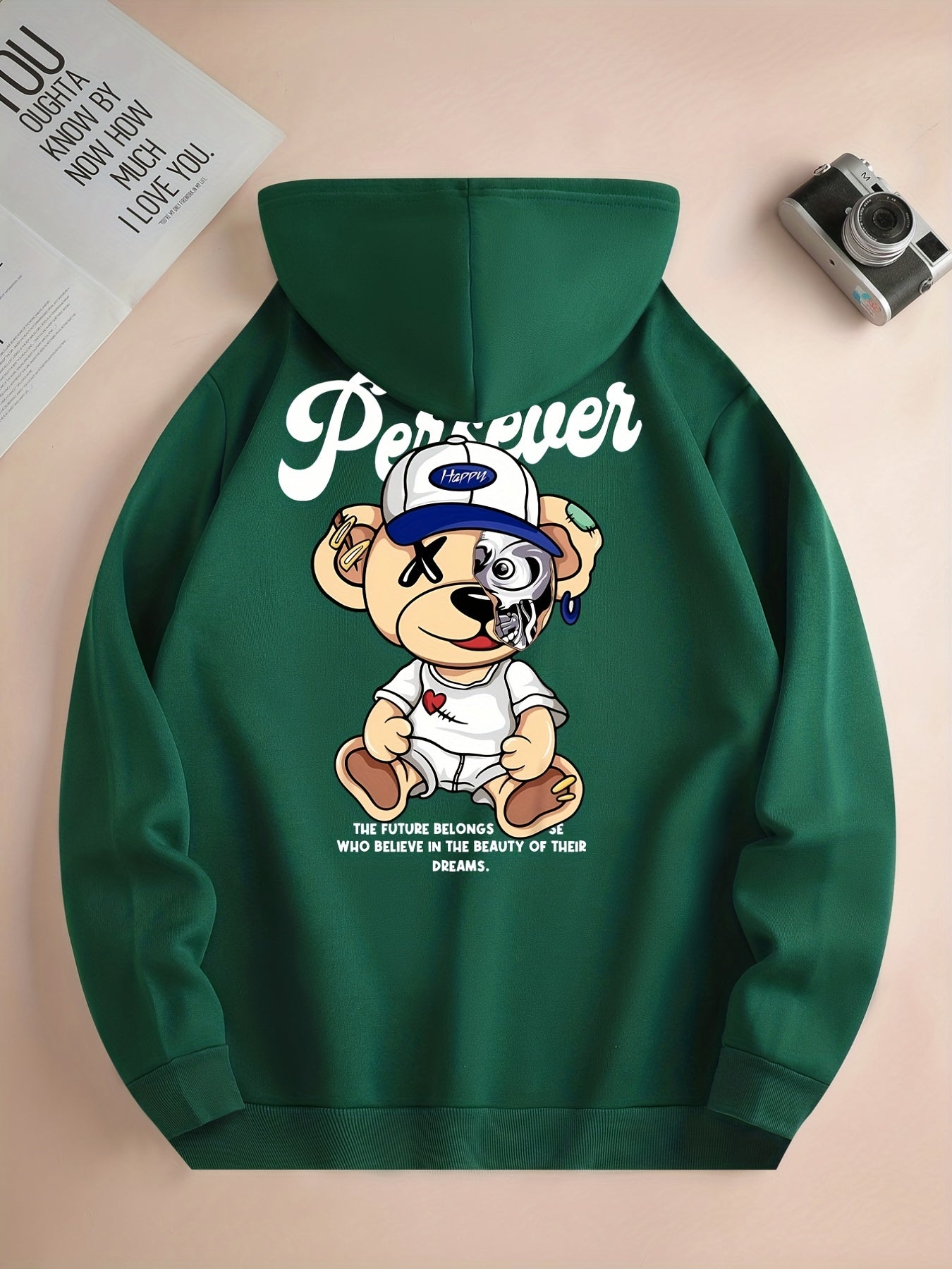 Cute Cartoon Bear With Hat Print Hoodie, Hoodies For Men, Men's Casual Graphic Design Pullover Hooded Sweatshirt With Kangaroo Pocket For Spring Fall, As Gifts