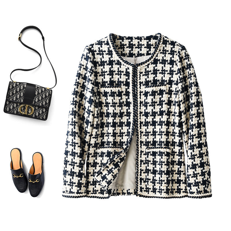 Women's Houndstooth Elegance Jacket – Round Neck, Casual Chic