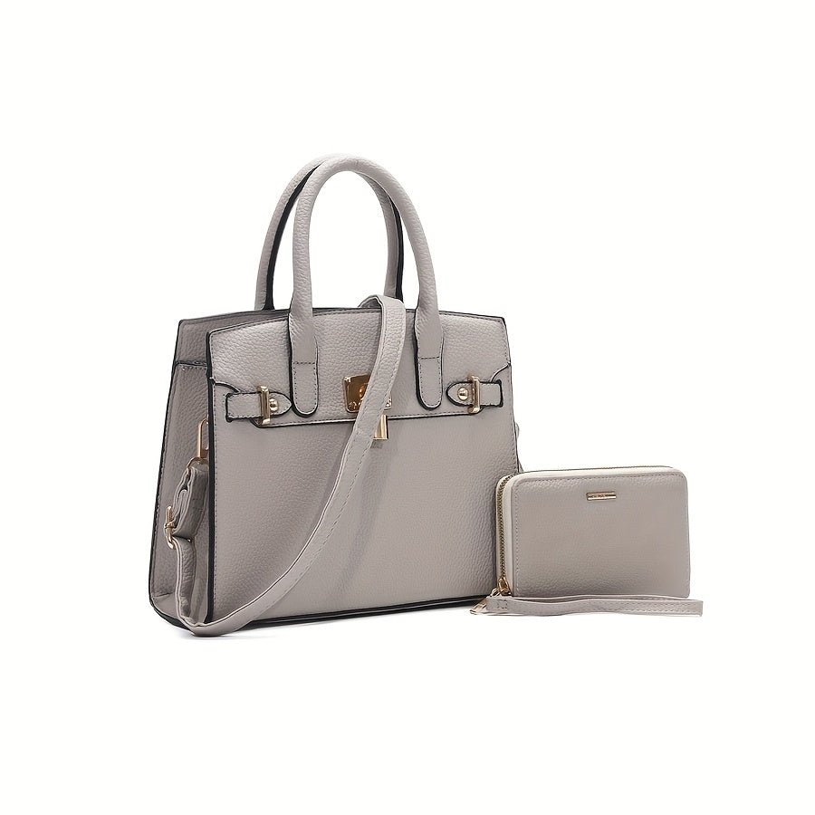 HJ Women's 2pcs Synthetic Handbag & Wallet Set - Solid Black Elegant Tote & Crossbody Work Bag with Golden-Tone Hardware, Adjustable Strap, Zipper Closure, Matching Wallet, Lining & Golden-Tone Hardware, Golden-Tone Hardware,