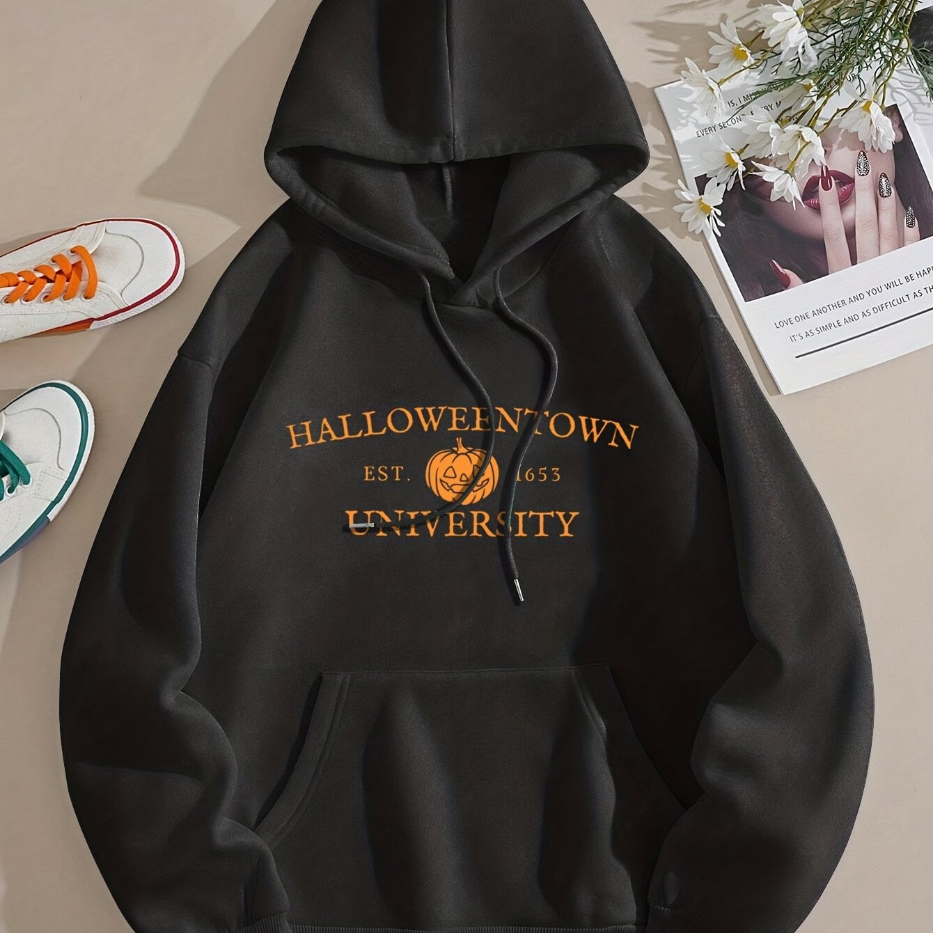 Halloween Pumpkin & Letter Print Hoodie, Vintage Drawstring Kangaroo Pocket Hoodies Sweatshirt, Women's Clothing