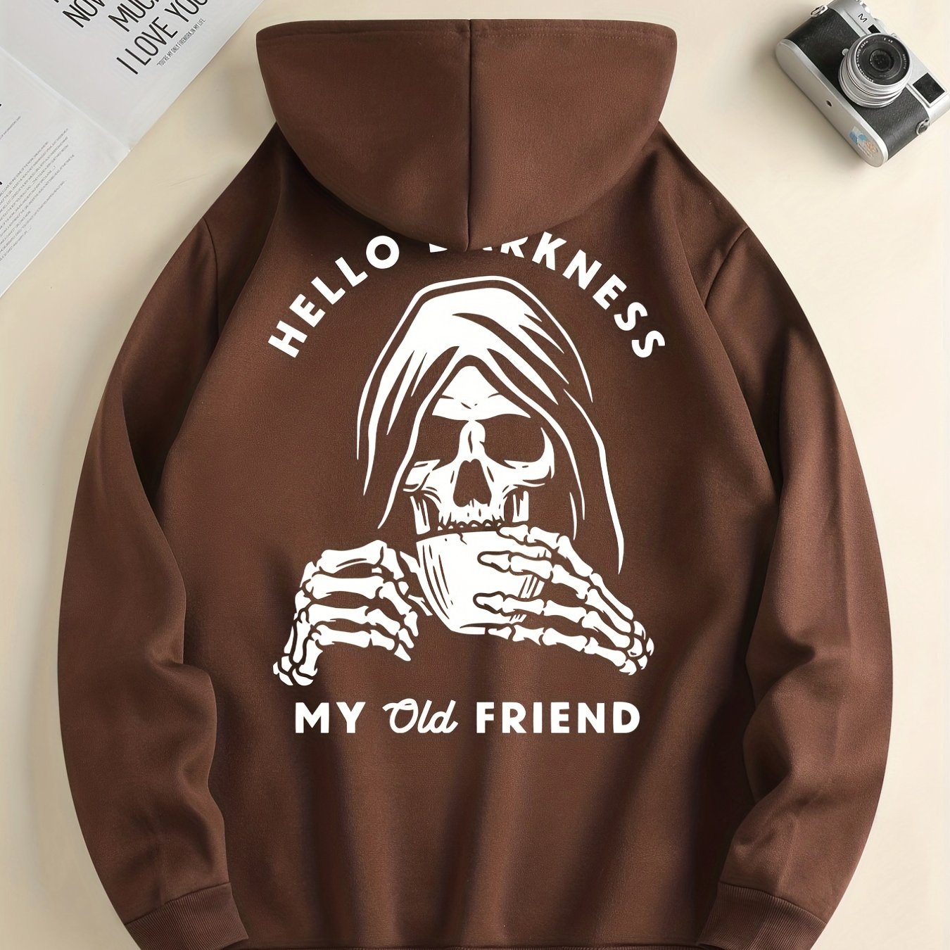 Skeleton Drink & My Old Friend Print Hoodie, Cool Hoodies For Men, Men's Casual Graphic Design Pullover Hooded Sweatshirt With Kangaroo Pocket Streetwear For Winter Fall, As Gifts Halloween