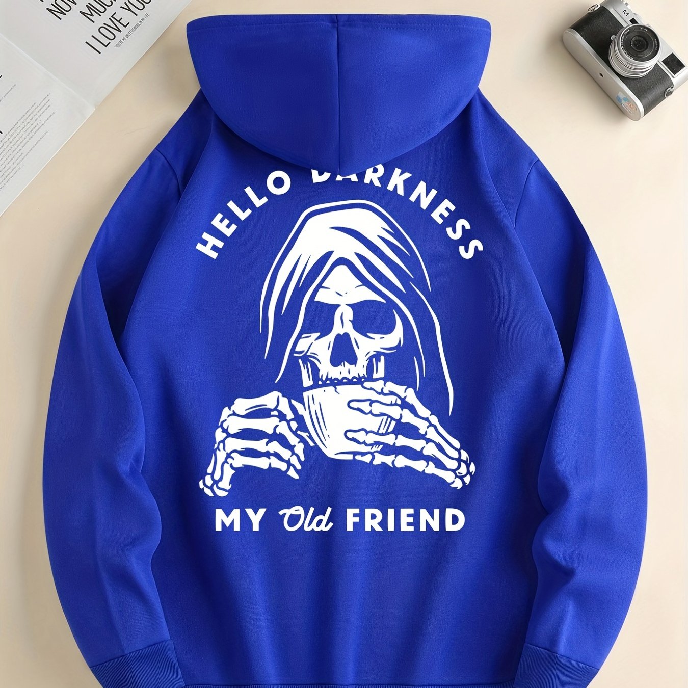 Skeleton Drink & My Old Friend Print Hoodie, Cool Hoodies For Men, Men's Casual Graphic Design Pullover Hooded Sweatshirt With Kangaroo Pocket Streetwear For Winter Fall, As Gifts Halloween
